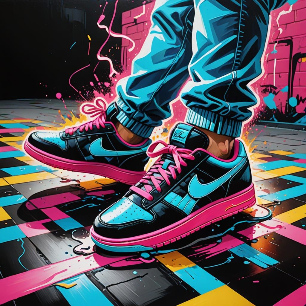 Neon Sneakers Breakdancing on Checkerboard Floor