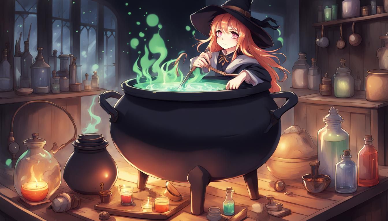 Anime Witch with Cauldron and Magic Potions