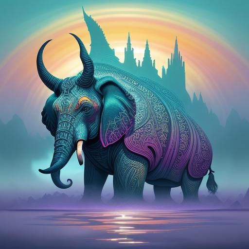 Woman and Elephant in Misty Swamp: Surreal Art Brut