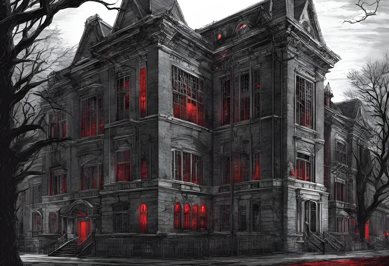 Creepy Horror High School with Glowing Red Windows