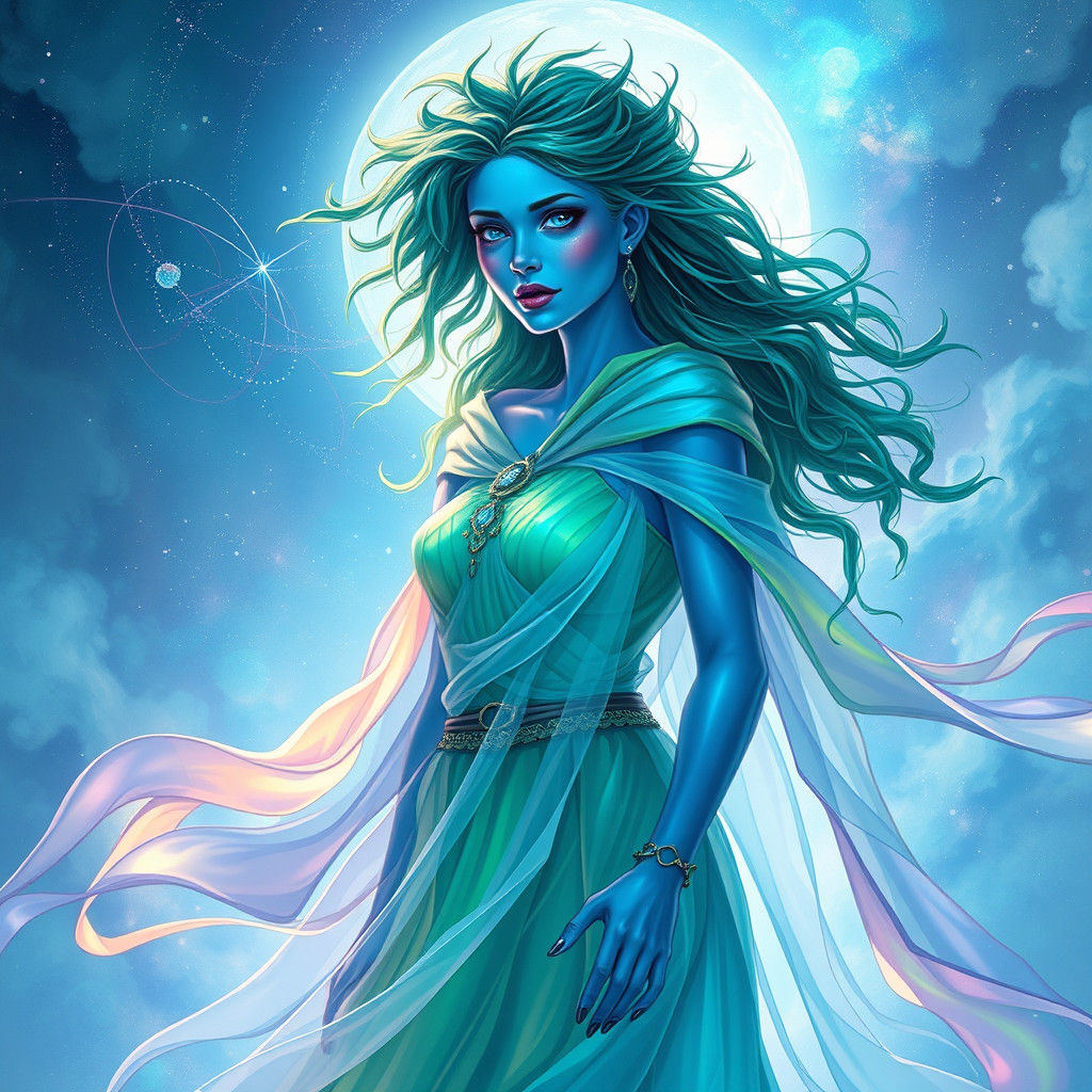 Mystifying Female Figure with Green Hair and Blue Skin