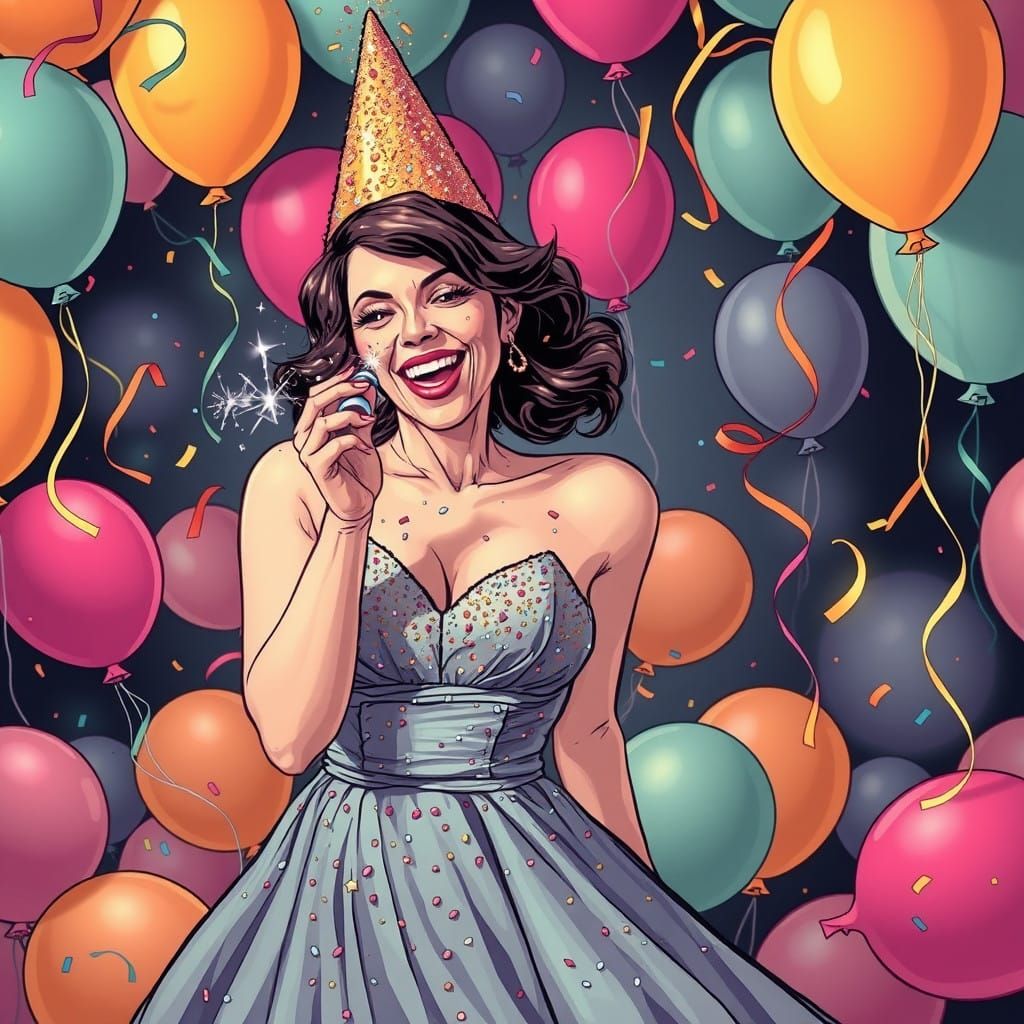 Joyful Woman Celebrates in Dynamic Comic Book Style