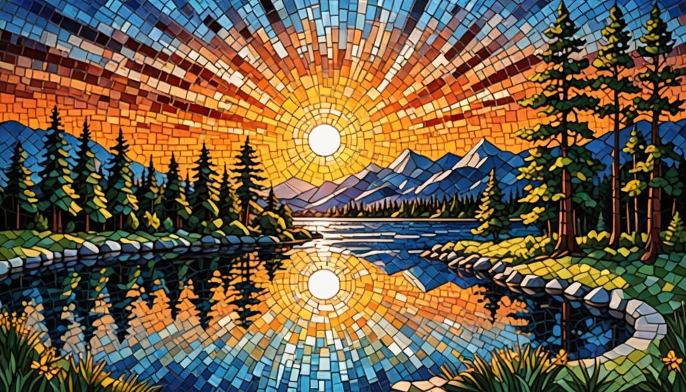 Mosaic Sunset Over Lake and Mountains