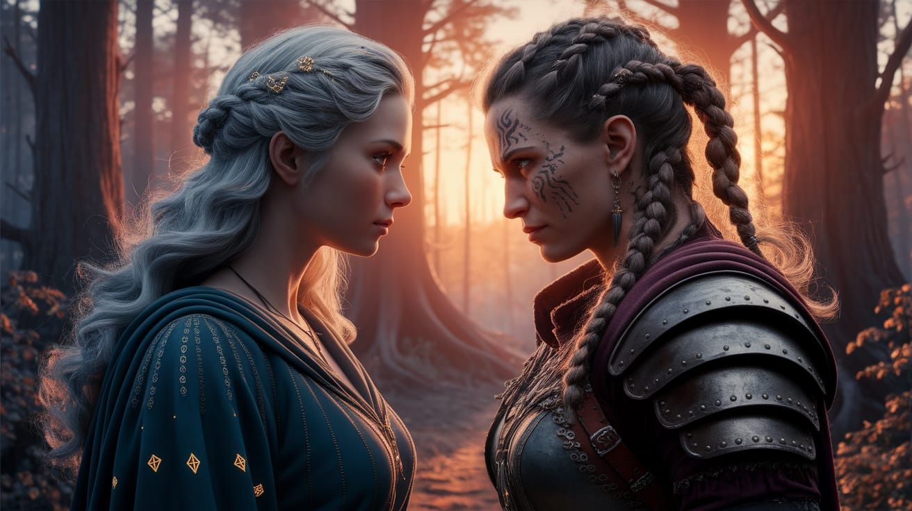 Witch and Barbarian Warrior in Golden Forest Light