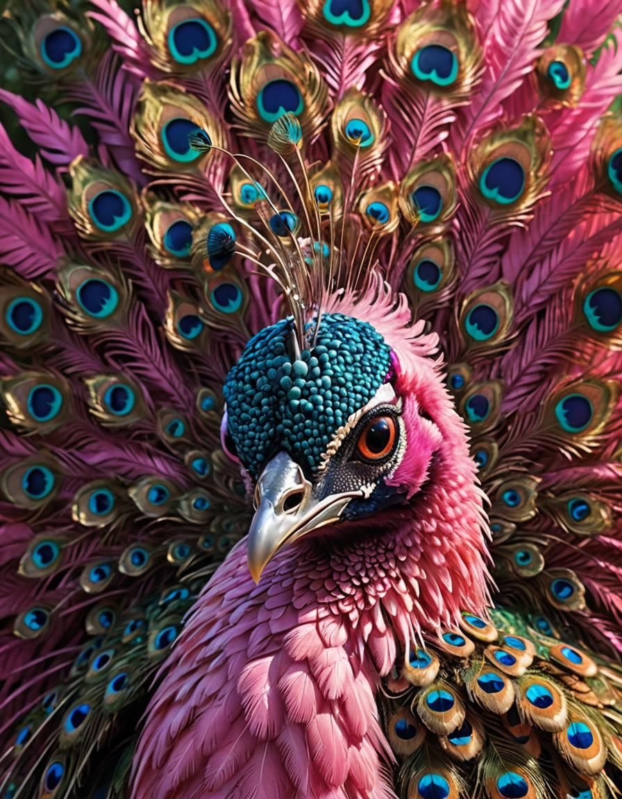 Iridescent Pink Peacock Portrait in Anime Style