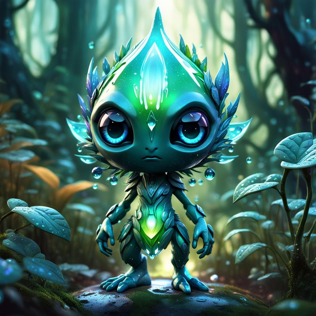 Futuristic Chibi Dew Drop in Mystical Forest