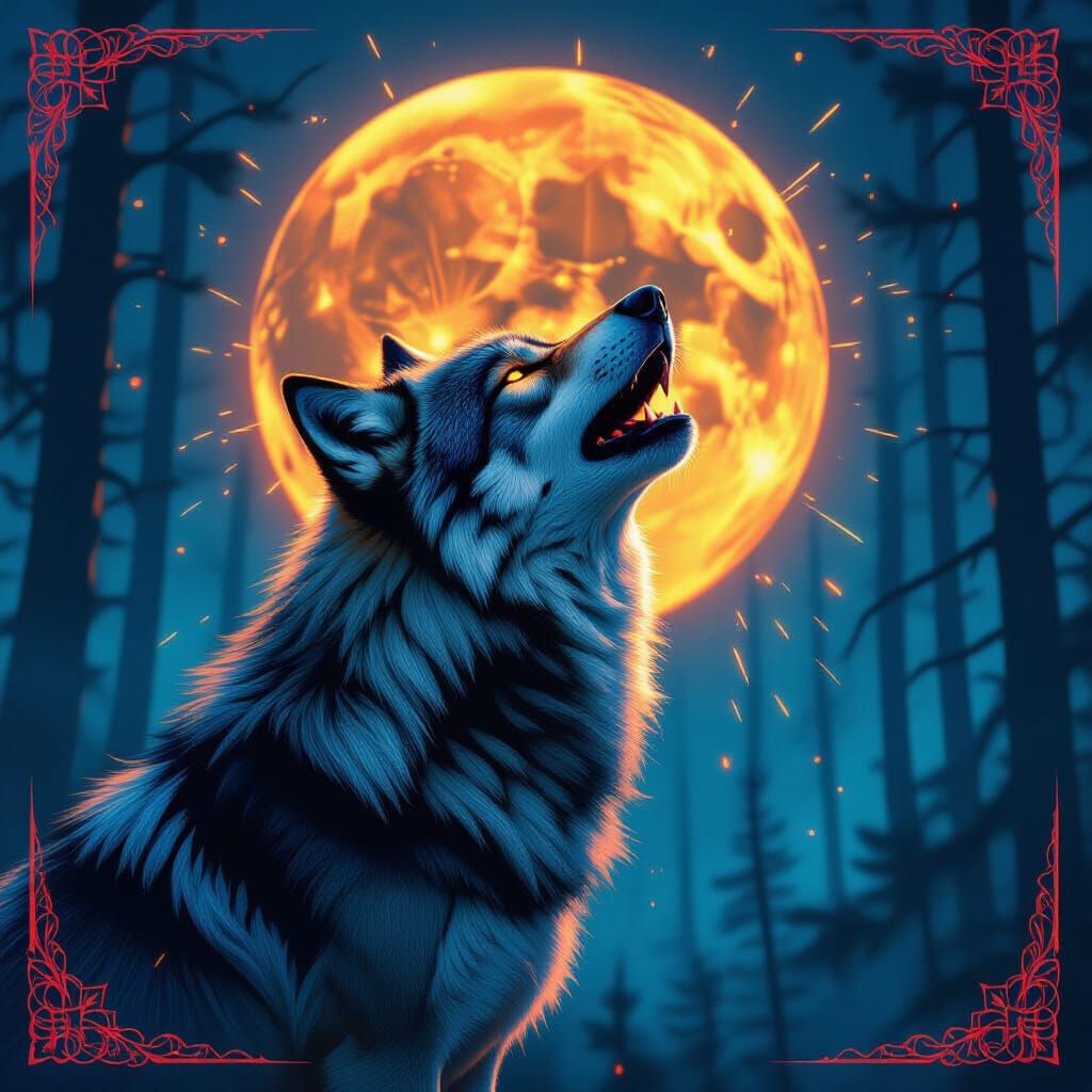 Cyberpunk Wolf Howling at Fractured Moon in Neon Forest