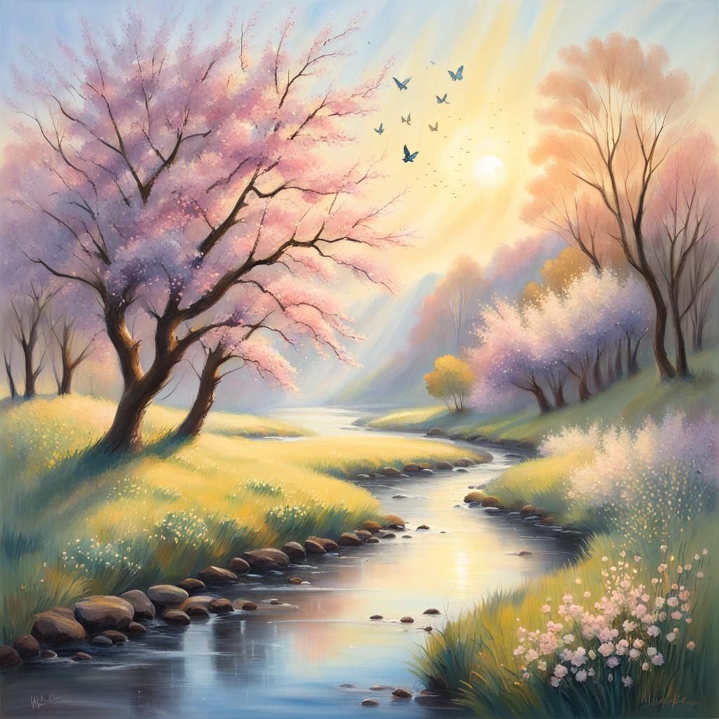 Pastel Blossom Valley Sunrise in Impressionist Style