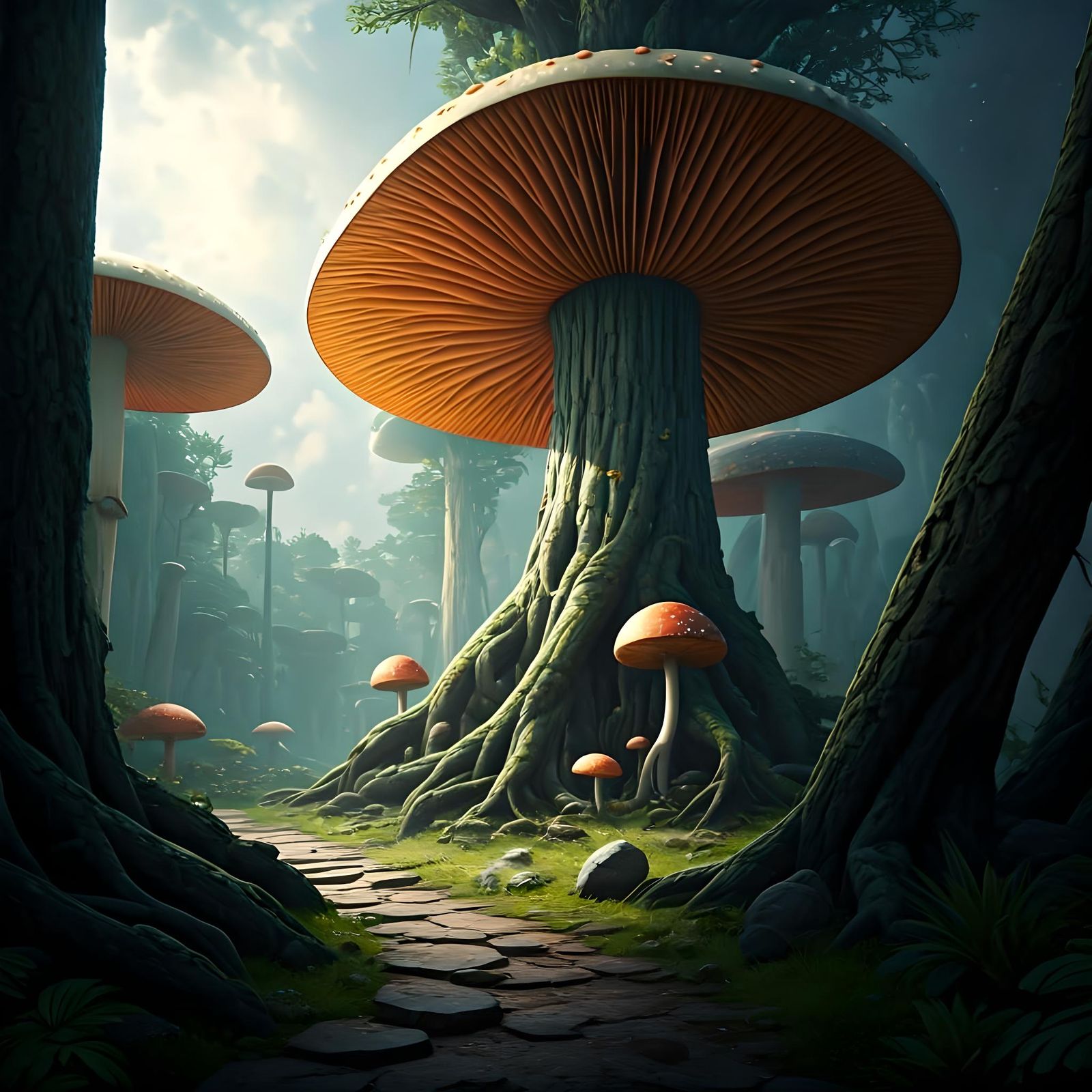 Unreal Mushroom Tree Landscape in Art Brut Style