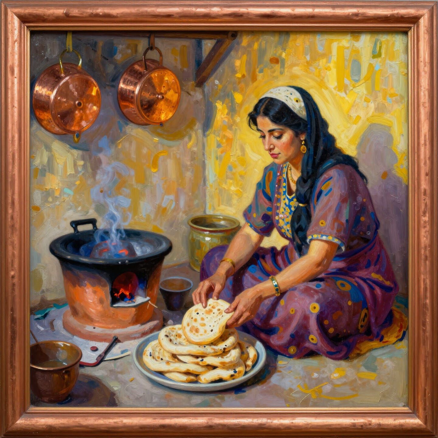 Woman Baking Baladi Bread in Rustic Kitchen