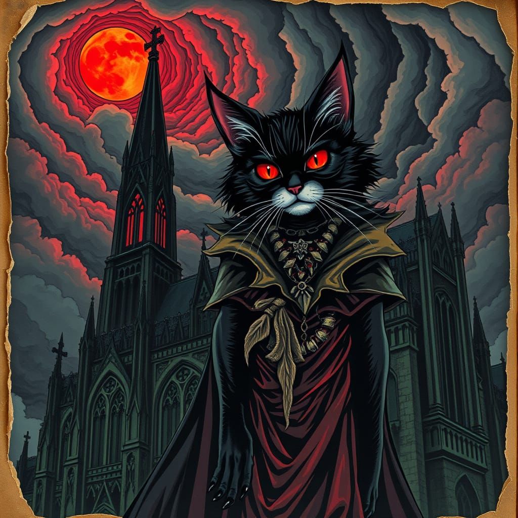 Ethereal Cat Vampire Illuminated by Blood-Red Moon