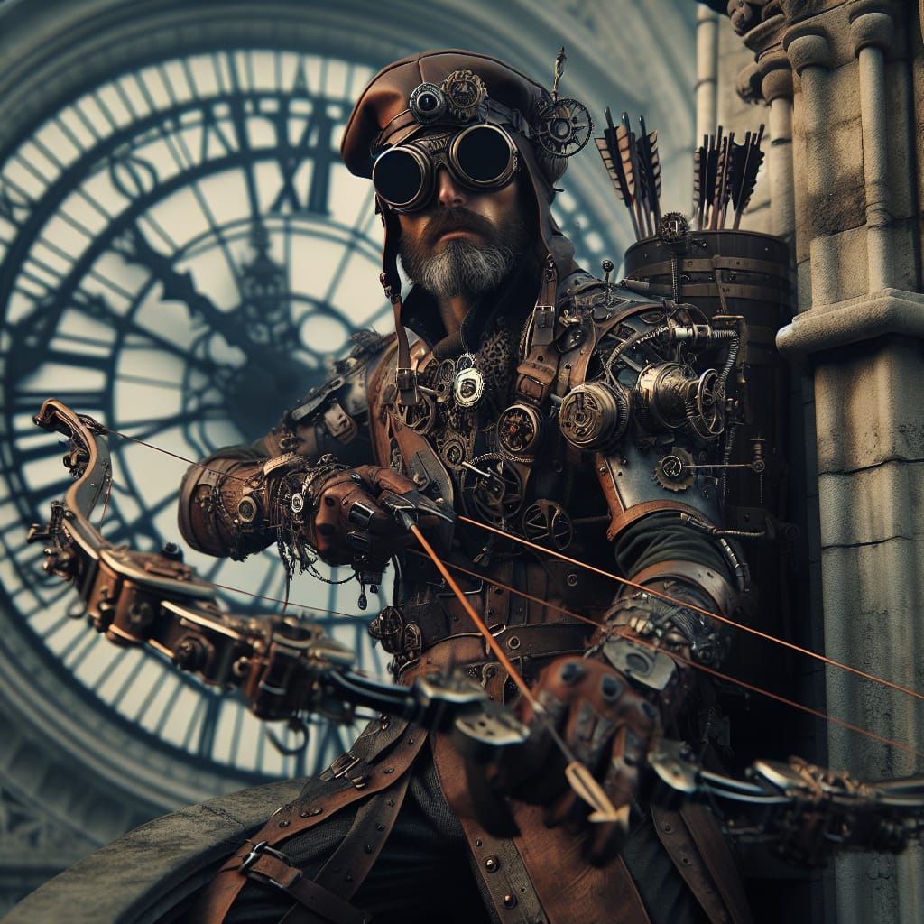 Steampunk Archer on Clock Tower in Dark Fantasy Style