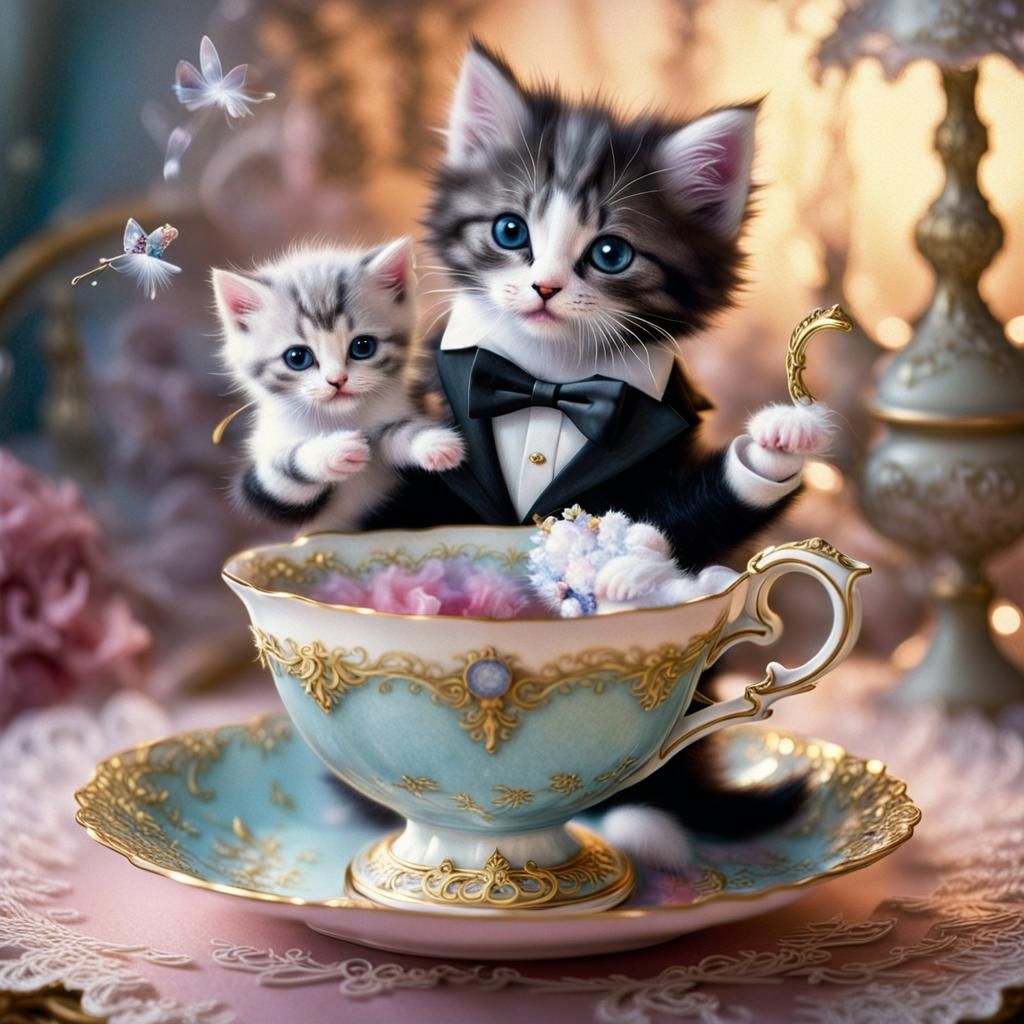 Kittens' Tea Party in Ethereal Fantasy Style