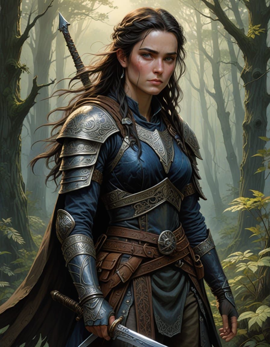 Ethereal Female Ranger in Moonlit Forest as Alan Lee's Dream...