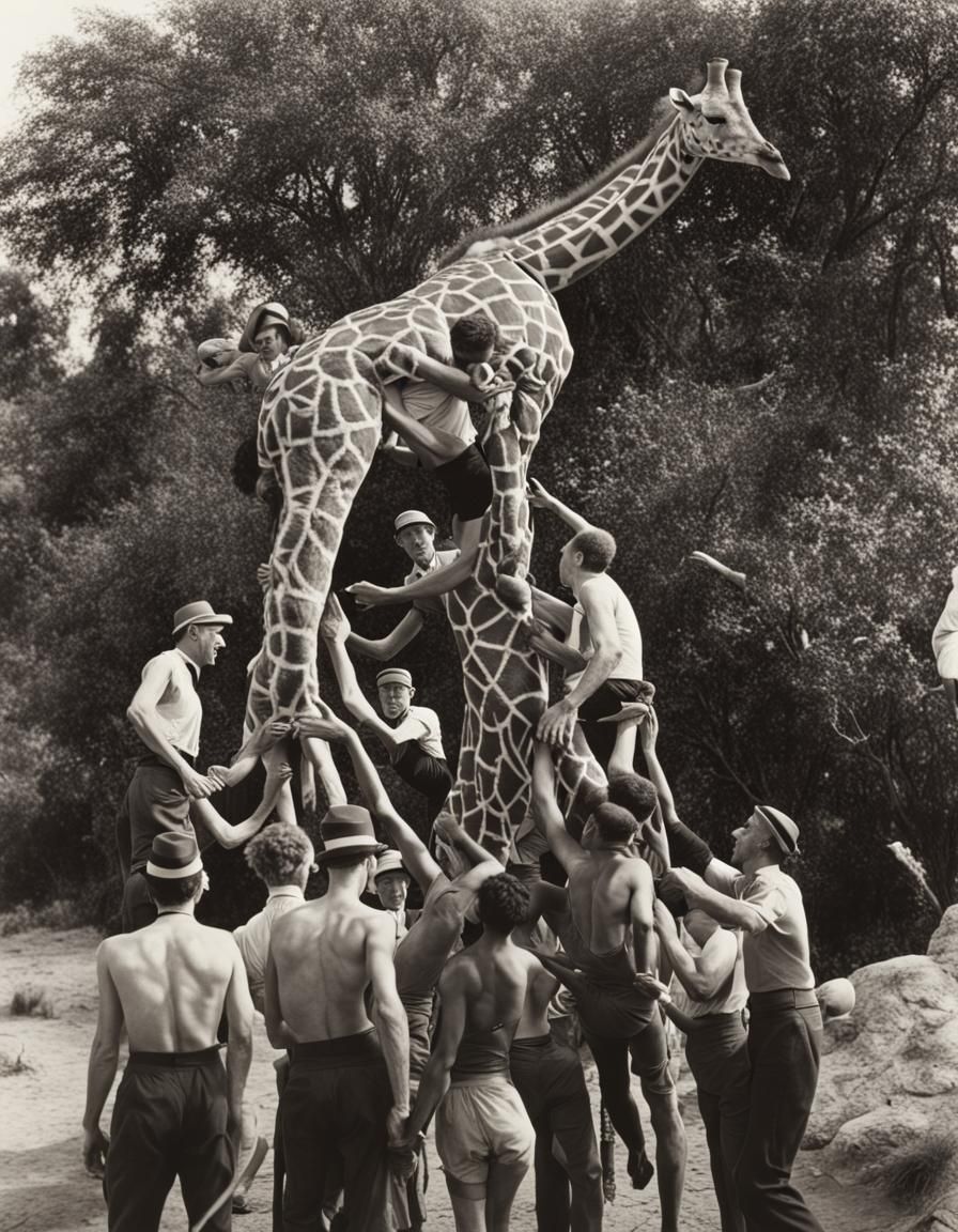 Several People climbing over a giraffe. 
black and white pho...