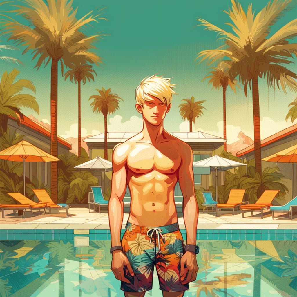 Shirtless Blonde Man by Pool, Digital Art