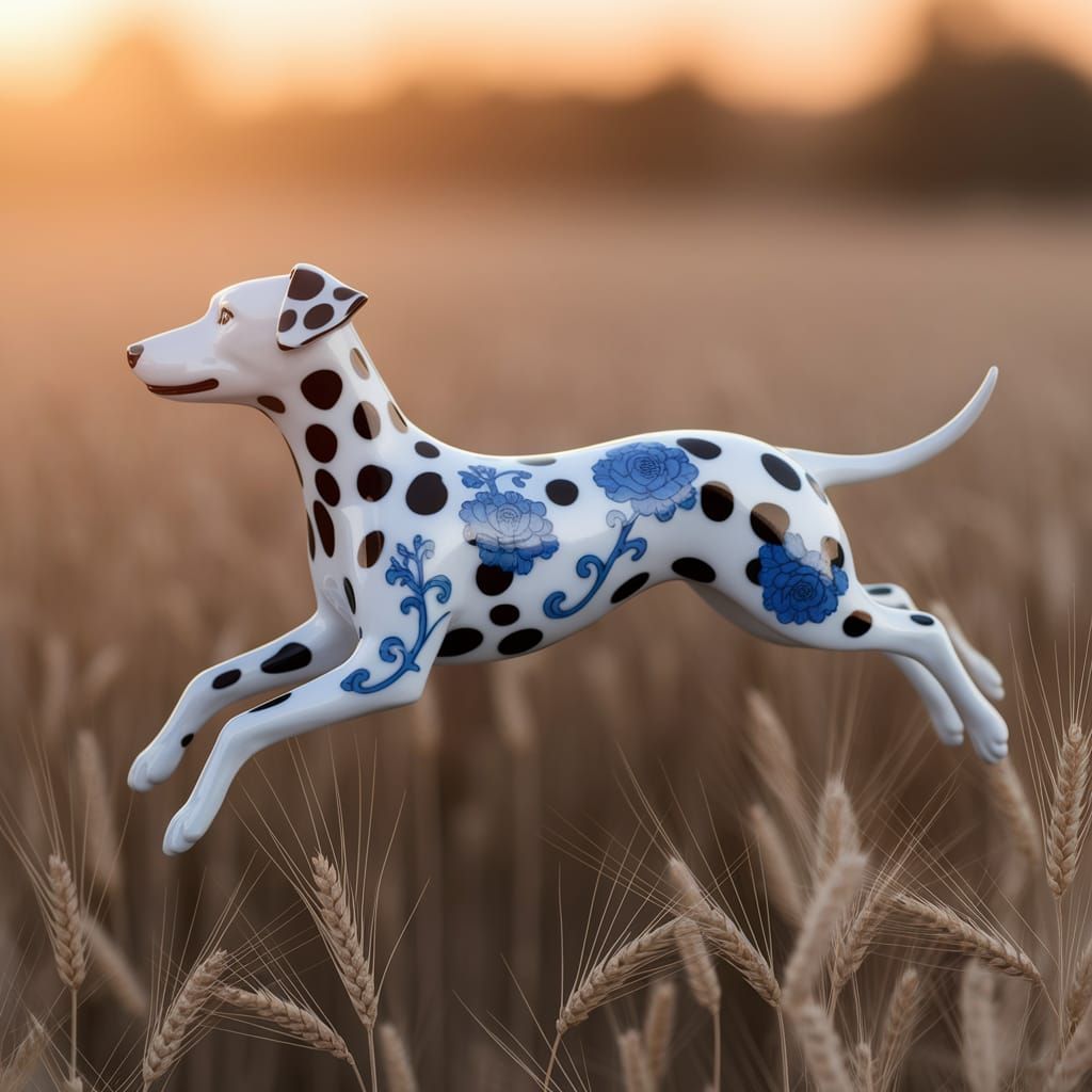 Porcelain Dalmatian Leaping Through Golden Wheat Fields