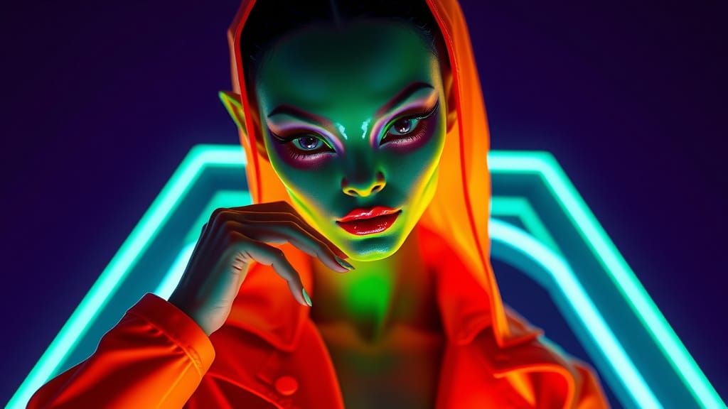Alien Supermodel Posing in Retro-Futurist Style