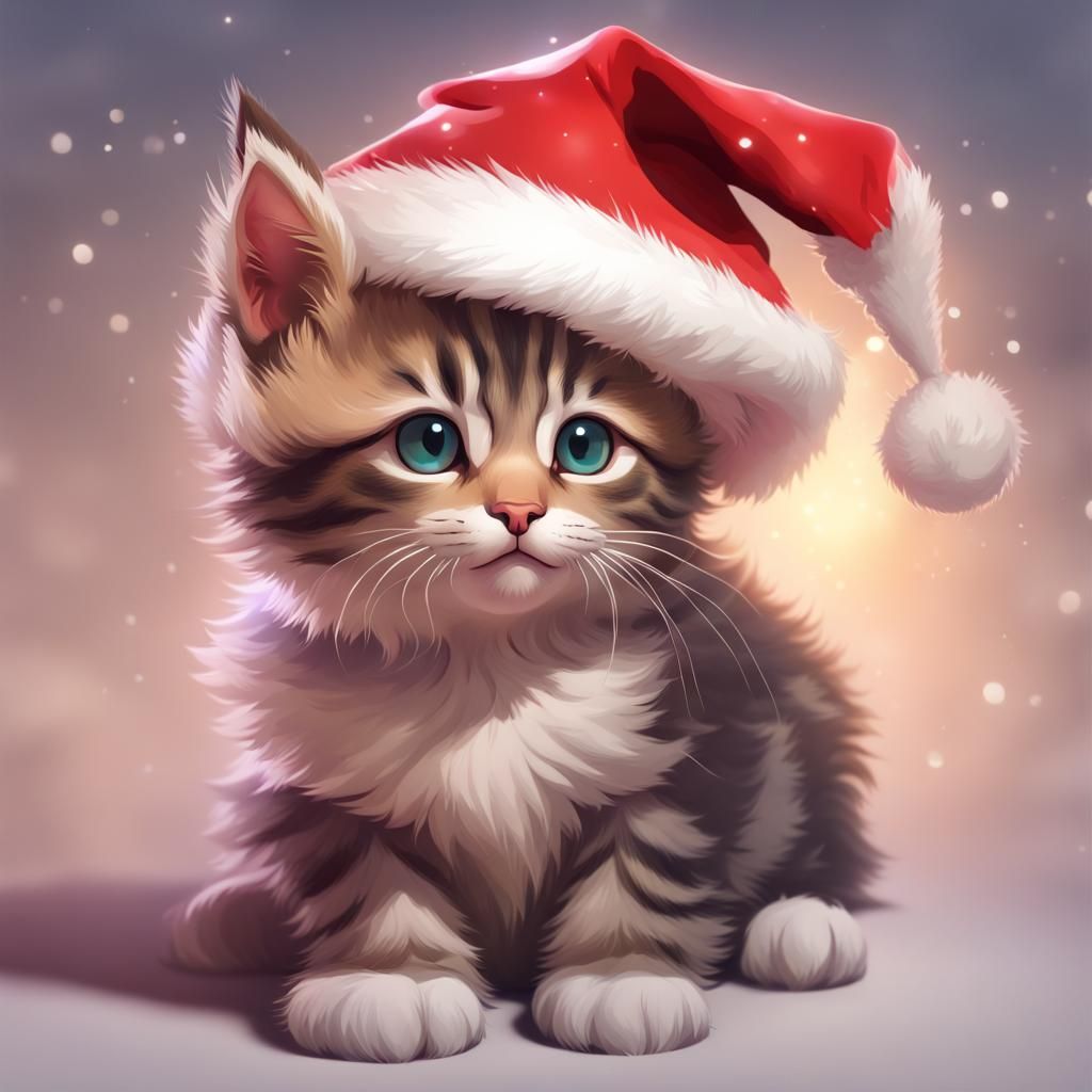 Festive Kitten Portrait with Santa Hat