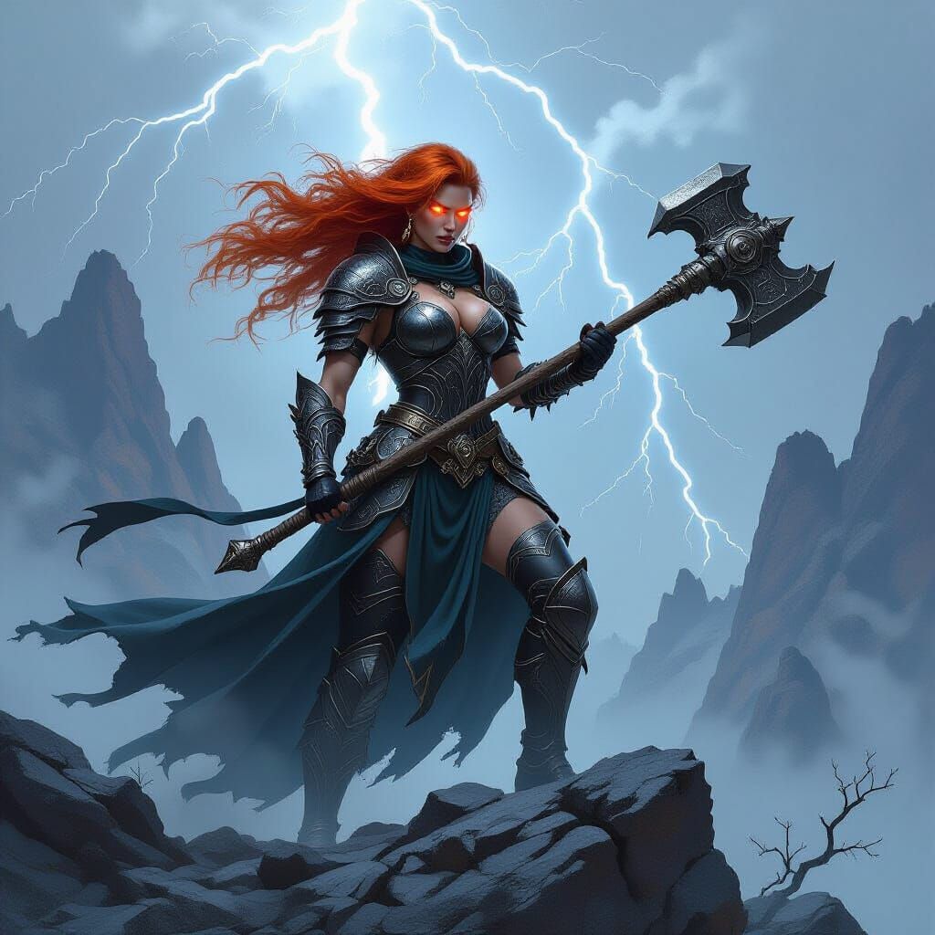 Fierce Red-Haired Warrior on Mountain Peak