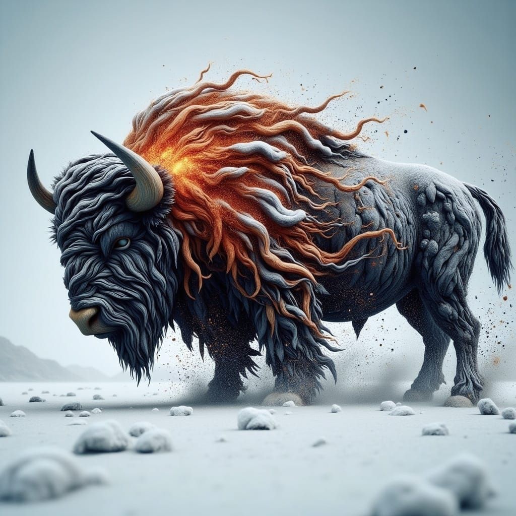 Winter Bison Roam Frosty Plains in Vibrant Digital Art