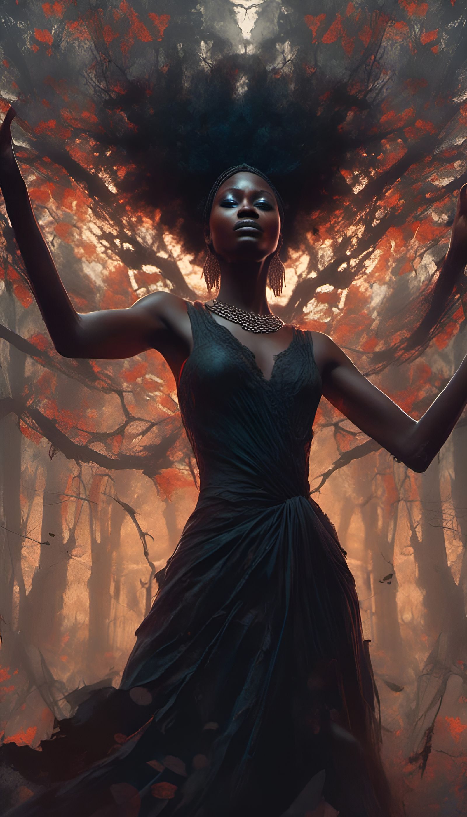 A woman dressed in a black dress with arms outstretched, dee...