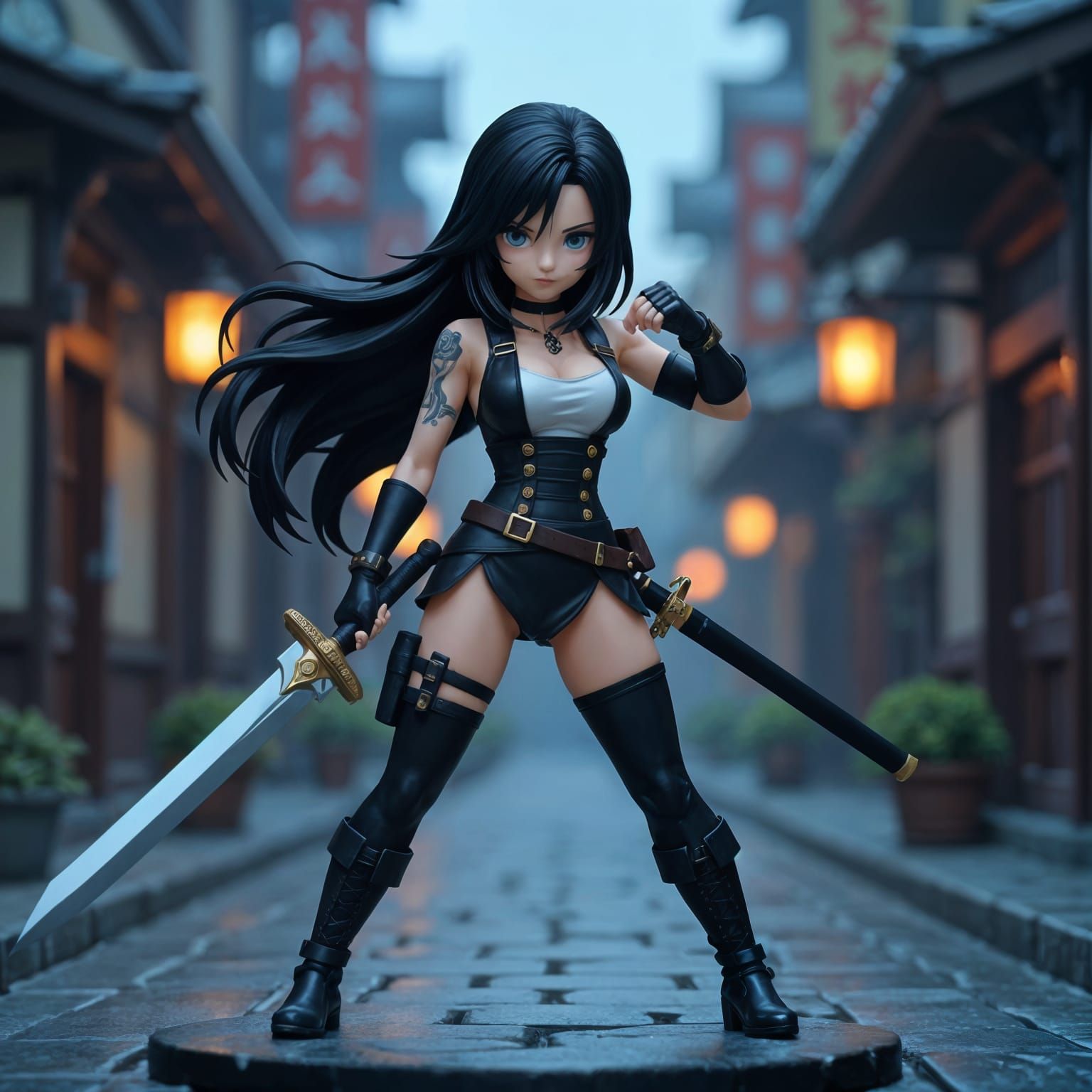 Anime Warrior Tifa Poses with Sword in Diorama
