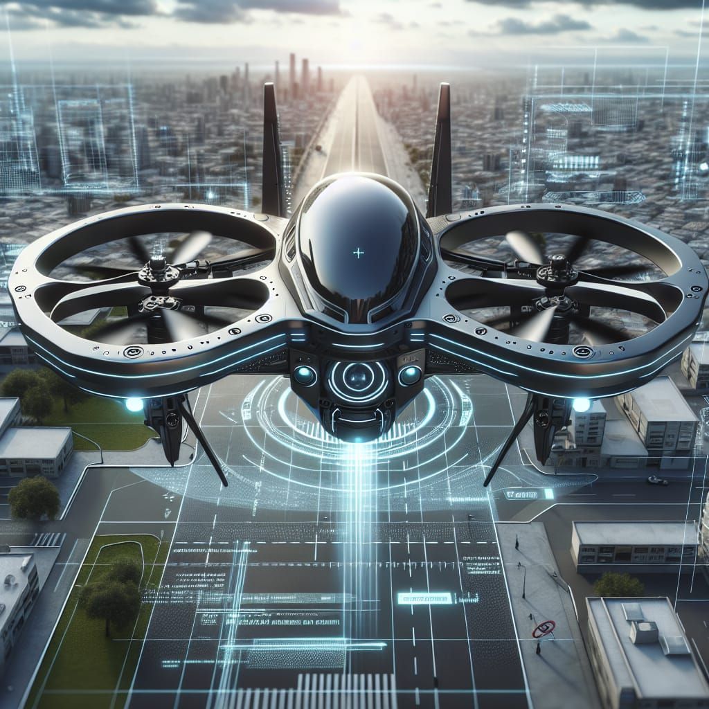 Futuristic Security Drone Patrolling City Streets