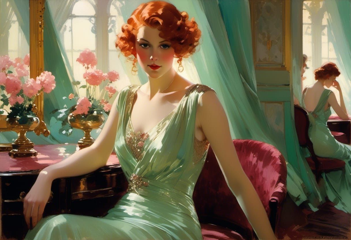 Elegant Woman in 1930s Gown, Dreamy Vignette