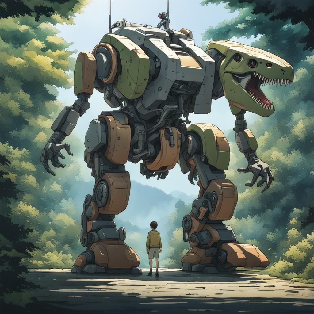 Dinosaur-Piloted Japanese Robot Mech in Ghibli Style