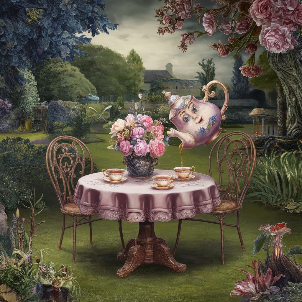 Whimsical Tea Party in English Garden Painting