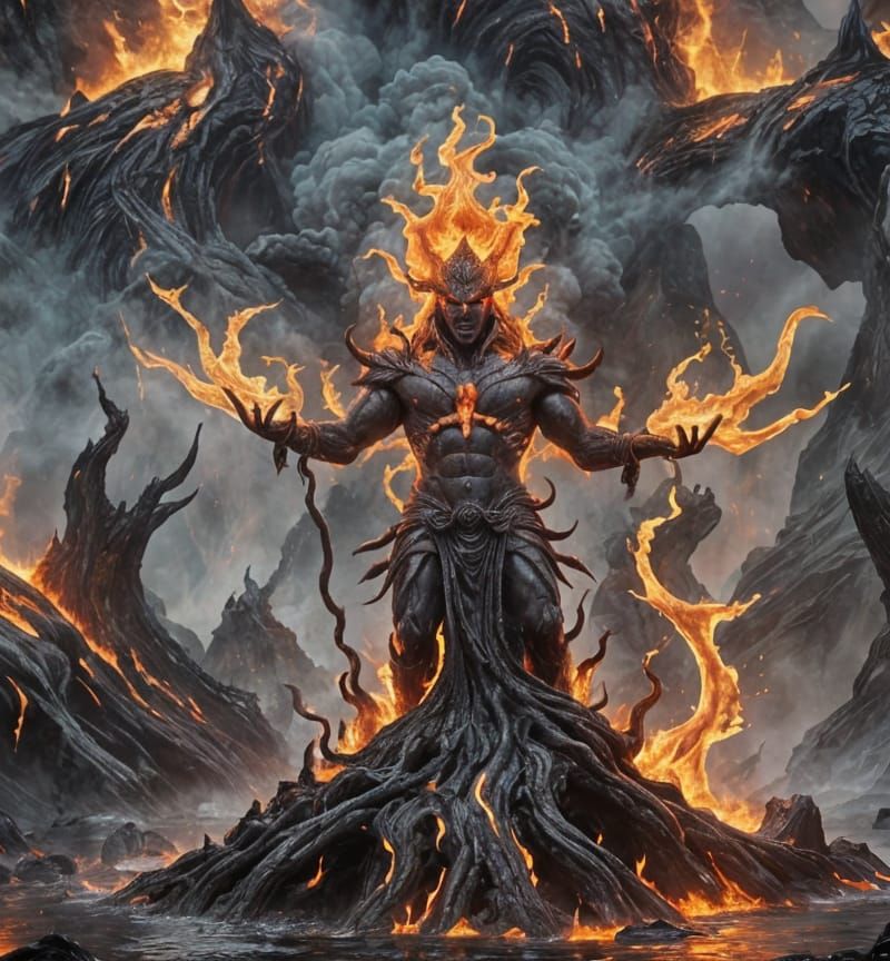 Fiery Deity Arising from Lava Lake in Digital Art