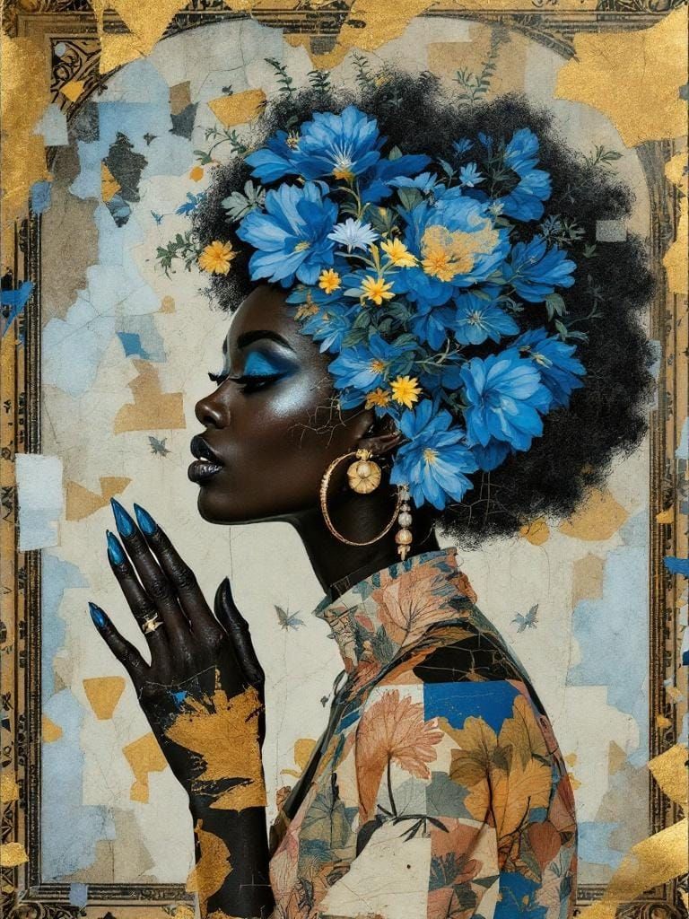 Black Woman's Melancholic Decoupage Dreamscape Runway Portra...