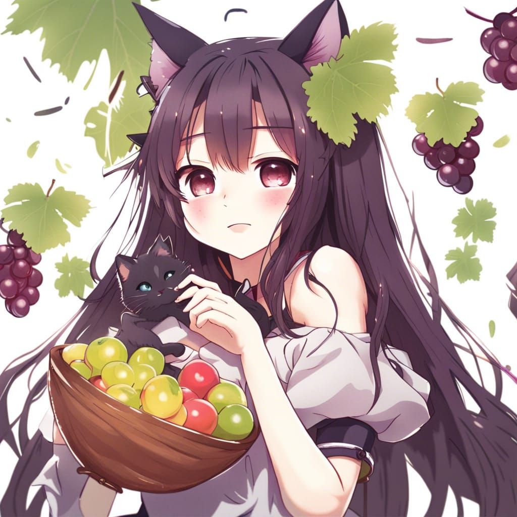 Anime Style Rich Girl with Cat Ears and Grapes