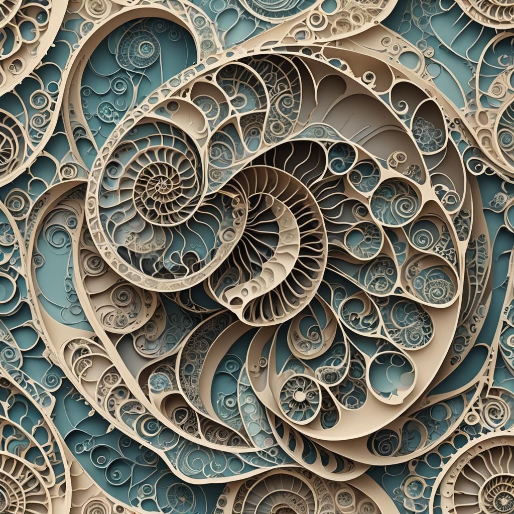 Abstract Nautilus Collage with Zentangle and Fractal Element...