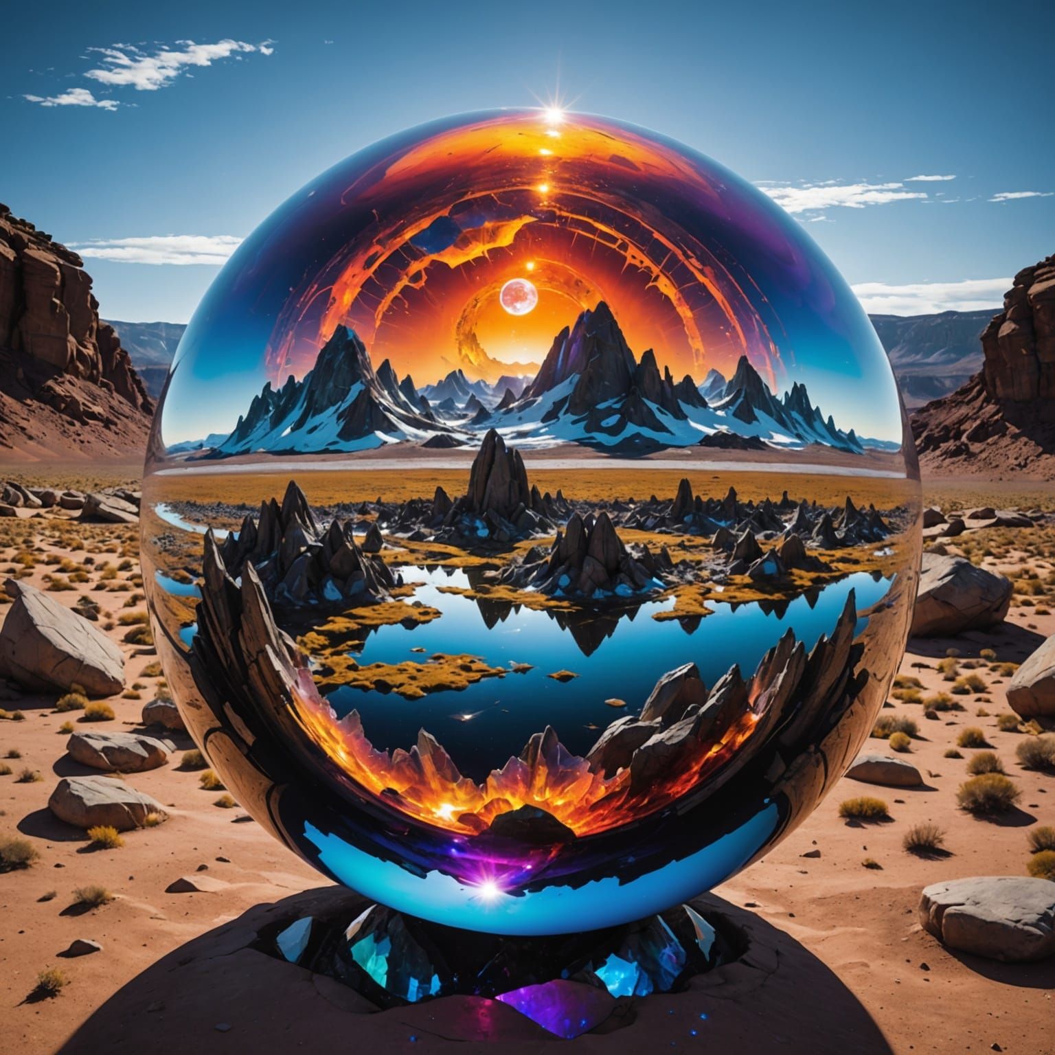 Crystalline Orb Encapsulating a Surreal Landscape with Light...