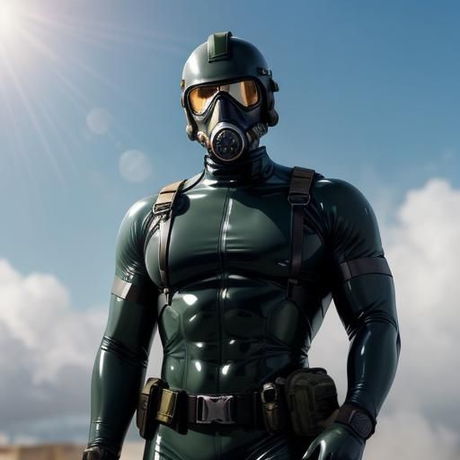 Soldier in Latex Suit with Gas Mask