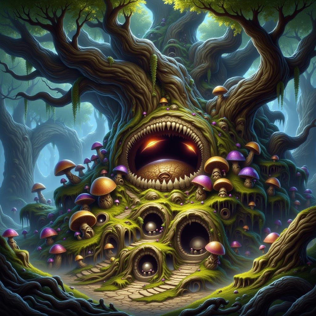 Ancient Dragon Tree with Sprites in Magical Forest