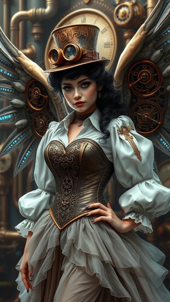 Steampunk Angel in Victorian Elegance and Futuristic Gearwor...
