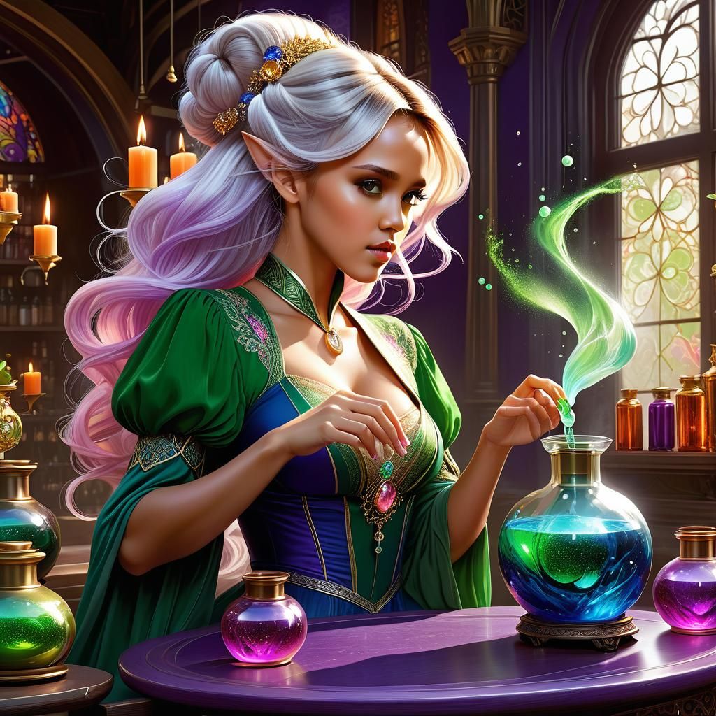 Elf Making Potions in Ink Splash Art Style