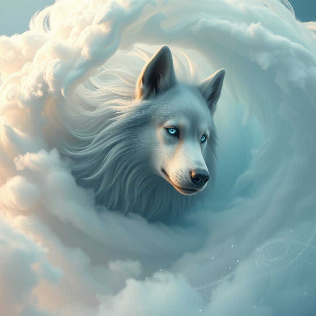 Whimsical Canine Emerges from Ethereal Clouds in Dreamlike L...