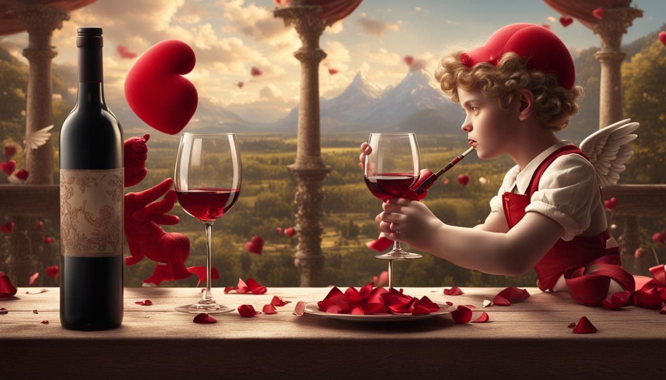 Cupid and Valentine's Wine Sharing, Matte Painting