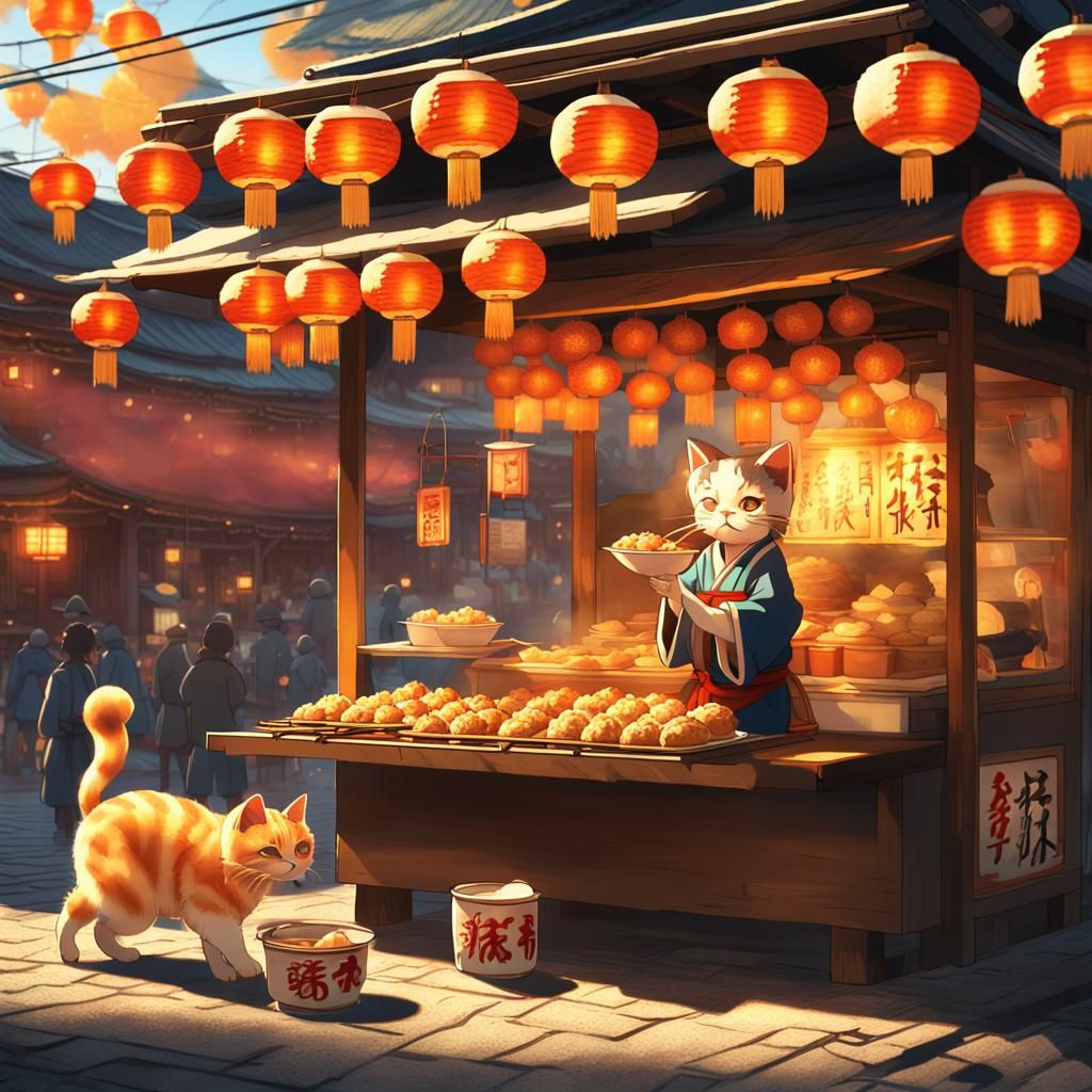 Anthropomorphic Cat Eats Takoyaki: 3D Anime Art