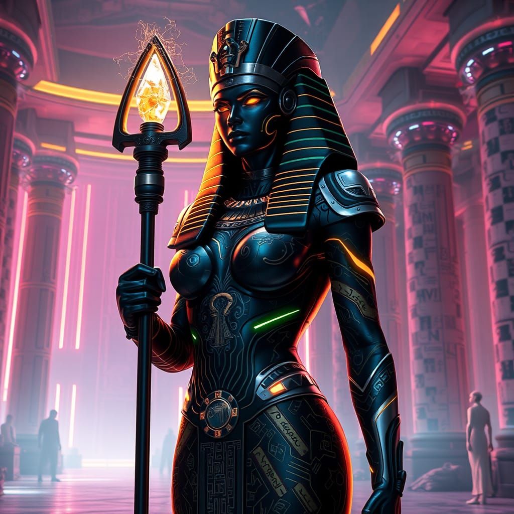 Cyberpunk Egyptian Queen with Neon Hieroglyphics