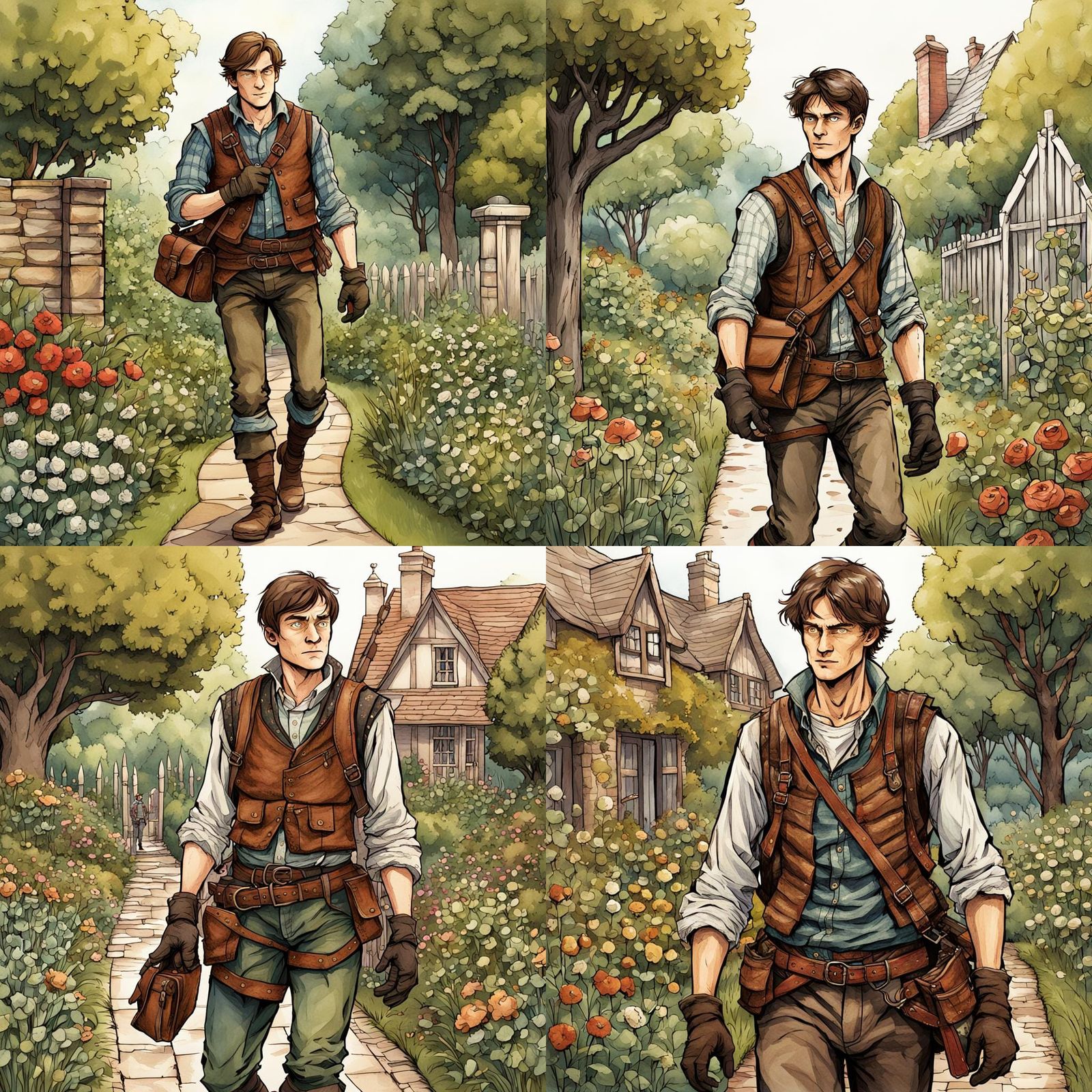 Medieval Commoner in Garden: Detailed Fantasy Illustration