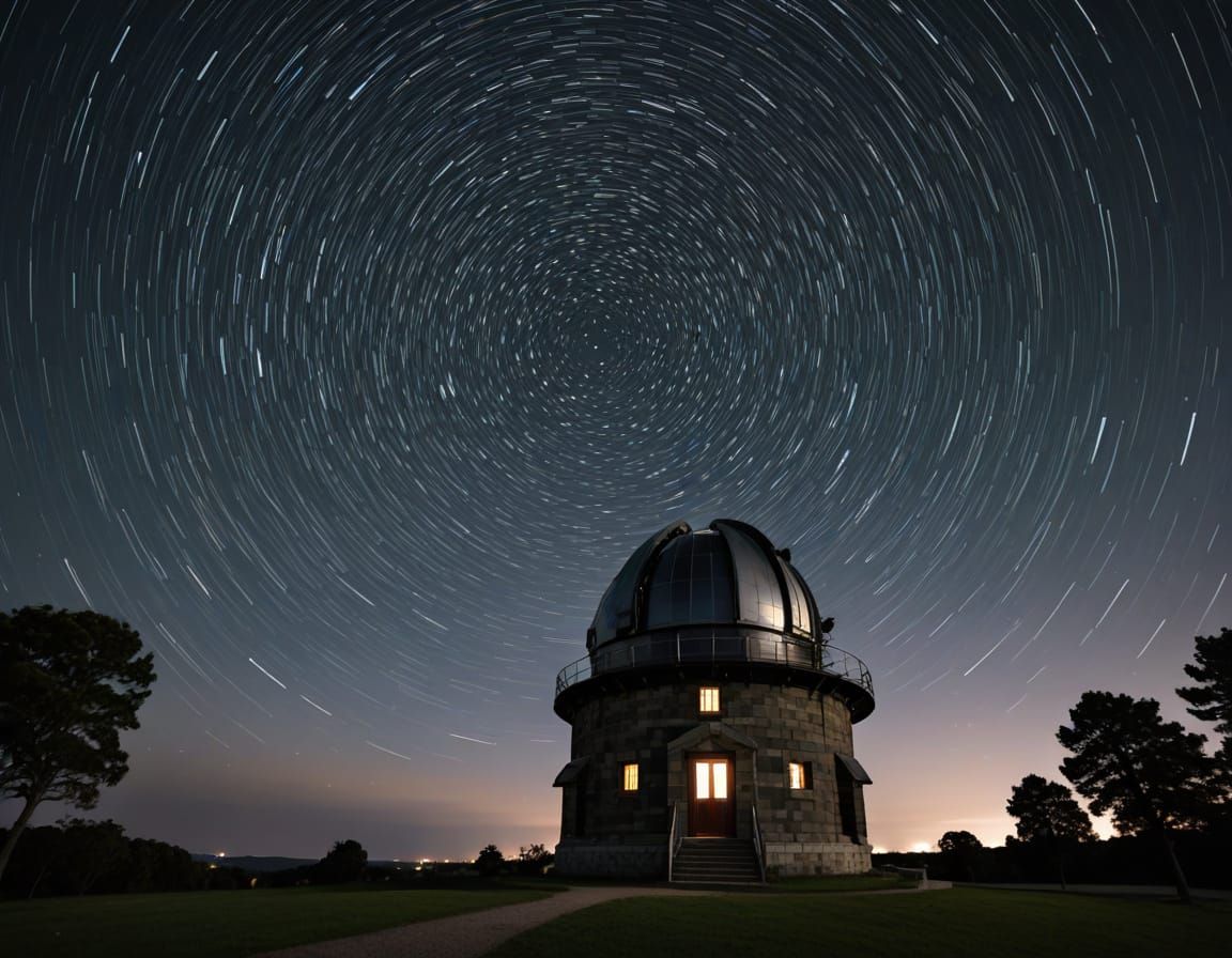 Starry sky rotating around an observatory, long exposure