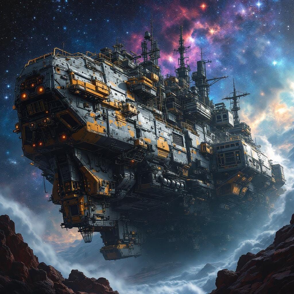 Interstellar Cargo Ships in Hyperrealistic Splash Art