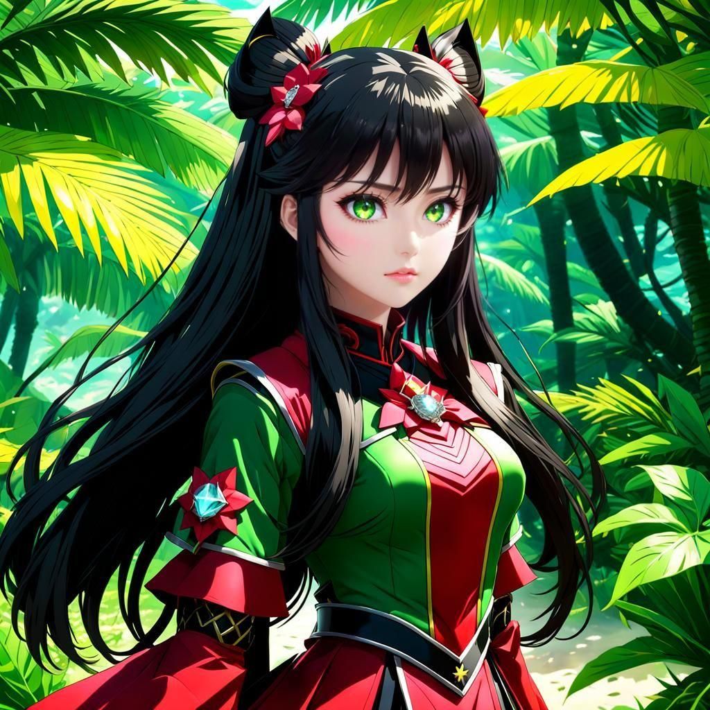 anime Rin Tohsaka, very beuatiful ,extremely green eyes, lon...