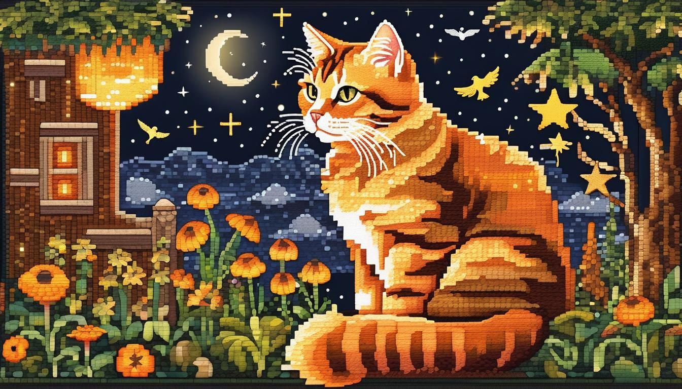 Orange Tabby Cat in Fairy Garden Cross-Stitch