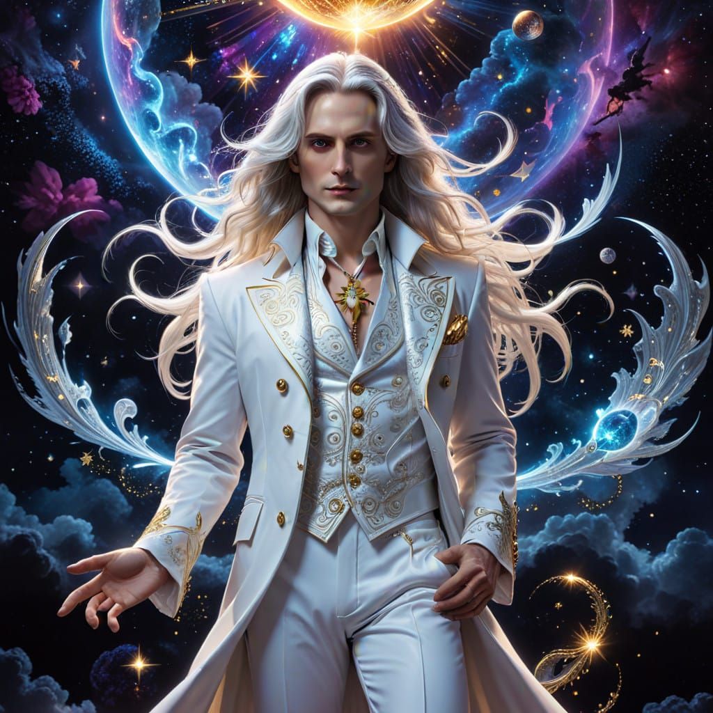 Alucard: Celestial Vampire Lord with Long Silver Hair and St...